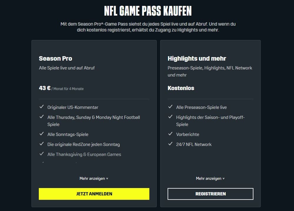 DAZN NFL Game Pass Kosten und Abos